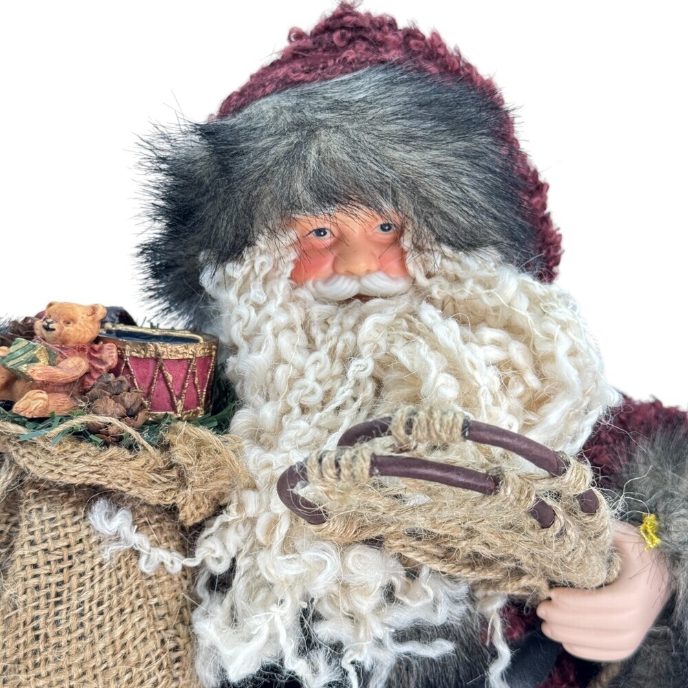 Santa Clause Presents Snow Shoes Drum Teddy Bag Porcelain Head Hands Sitting 16”